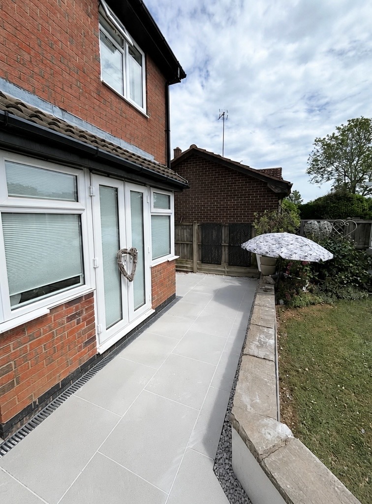 Porcelain Patio & Retaining Wall after brickwork completed